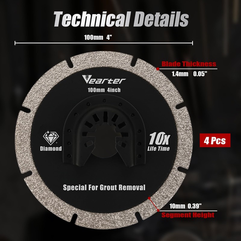 Vearter Diamond Oscillating Tool Blade 4PCS, 4" Circular Oscillating Saw