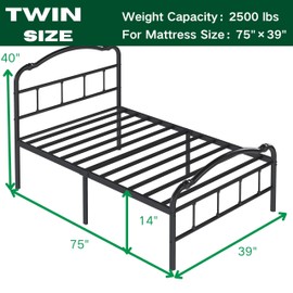 ZIYOO Vintage 14 Inch Twin Metal Bed Frame with Victorian-Style Headboard & Footboard, Sturdy Platform Design, Under Bed Storage, No Box Spring Needed, Noise Free, Elegant Black