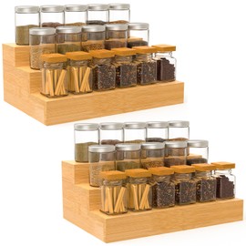 Bambition 2 Pack Spice Rack Riser for Cabinet, Bamboo Spice Organizer Display Shelf for Kitchen Countertop