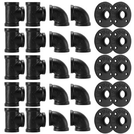 3/4"Black Pipe Fitting, Home TZH 30 Pack Floor Flange/Elbow/Tee Combo for Industrial vintage style, Flanges/Elbow/Tee with Threaded Hole for DIY Project/Furniture/Shelving(30, Black 3/4")