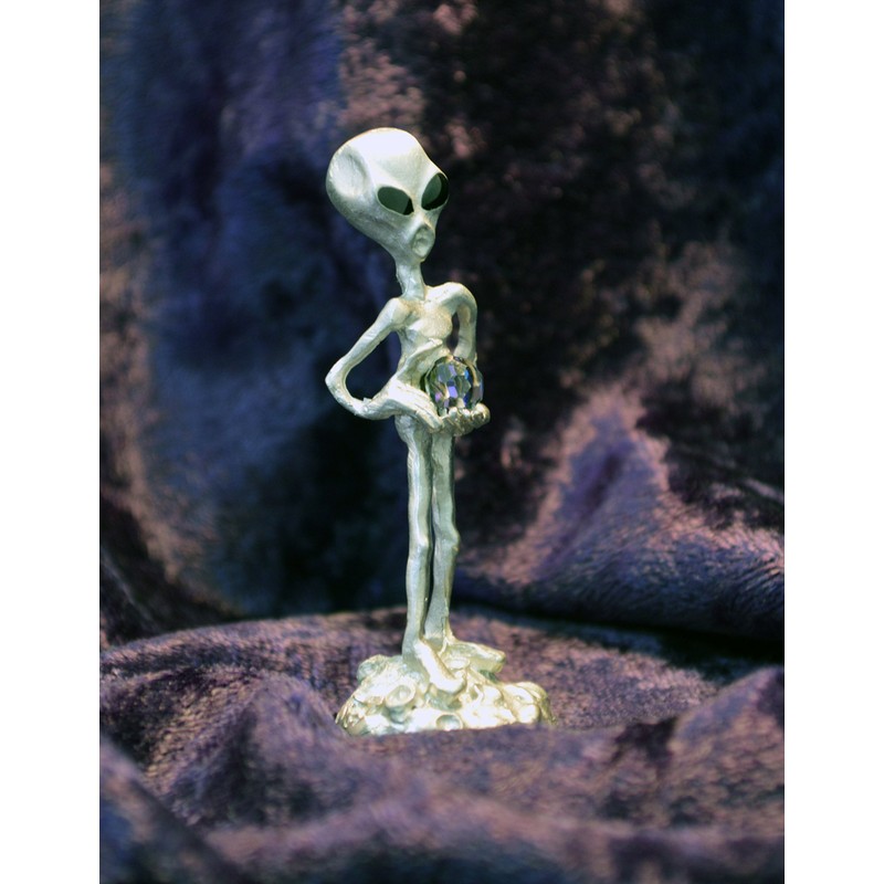 UFO Alien Holding Faceted Crystal Ball Pewter Statue