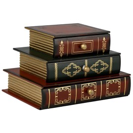 Toyosport Vintage Decorative Book Box, Faux Wooden Book Storage Box with Three Drawers, Retro Desktop Keepsake Storage for Jewelry, Keys, Cards, Photos, Home Decor