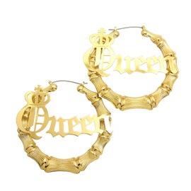 Queen Charm Bamboo Door Knocker Hoop Pincatch Earrings, Gold-Tone