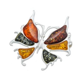 AMBEDORA Polished Sterling Silver Colourful Baltic Amber Butterfly Fantasy Brooch, Sterling Silver, Amber