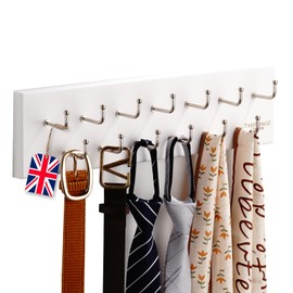 Treehouse Belt Organizer Rack, Holds Over 28 Large Belts, Sturdy Metal & Solid Wood Storage Holder for Closet, Versatile, Wall Mounted Belt & Tie Display Hanger for Bedroom - (White)16''L x4.25''H