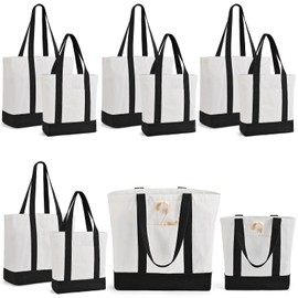 10Pack Canvas Tote Bag Bulk with Outer Pocket, 12oz Cotton Blank Canvas Tote Bags Reusable Grocery Bags Shopping Cloth Bags w/Two Size Canvas Tote Bag for Women, DIY, Easter Day Craft (Black/White)