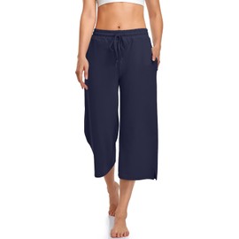 UEU Women's Capri Pants 2024 Summer Casual Loose High Waist Wide Leg Yoga Lounge Cropped Capris Dressy Comfy Drawstring Sweatpants with Pockets Plus Size Navy 4XL
