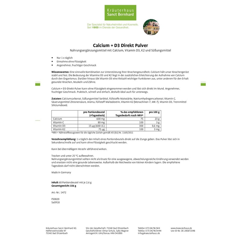 Sanct Bernhard Calcium + D3 Direct Powder | To Support