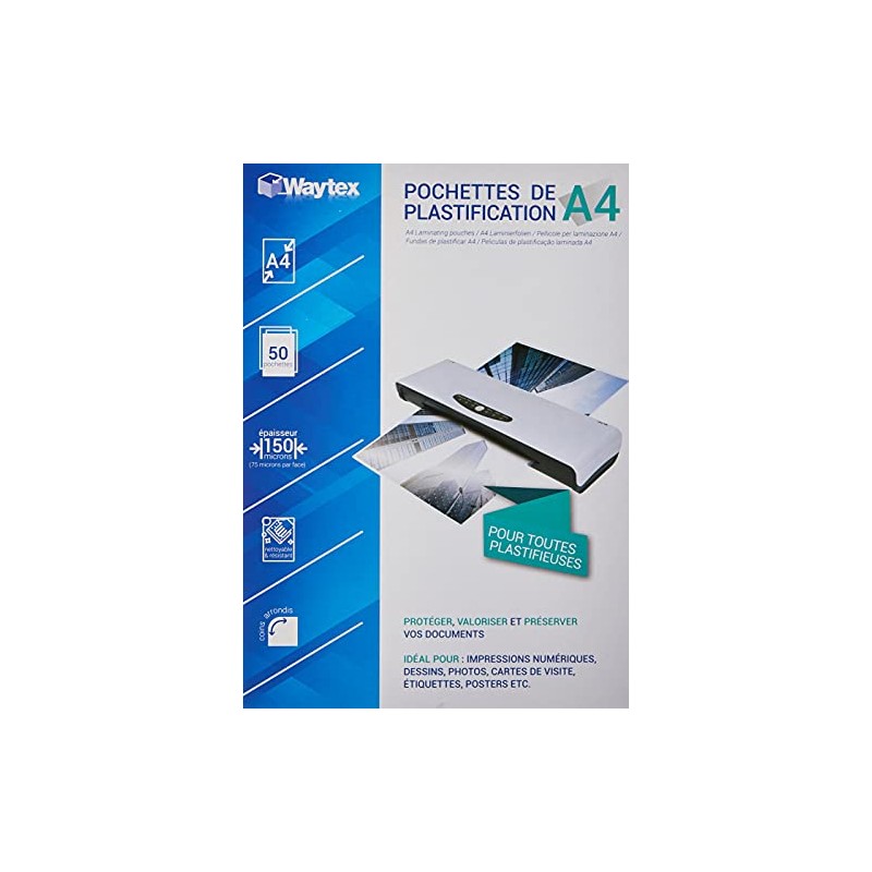 Waytex 50 x A4 75 Micron Gloss Clear Laminating Pouches