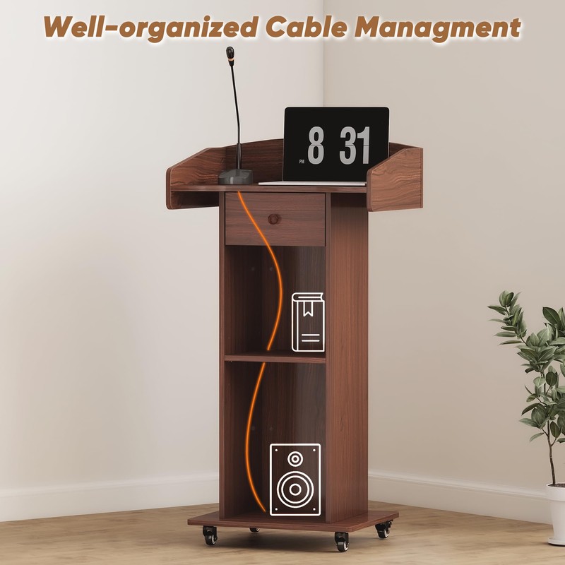 Portable Podium Stand with Metal Wheels, Rolling Podium with Drawer