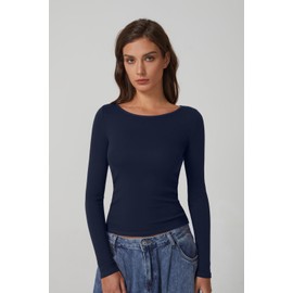 QINSEN Women Long Sleeve Shirts Ribbed Knit Round Neck Fitted Basic Tee Casual Outfits Going Out Tops Estate Blue M