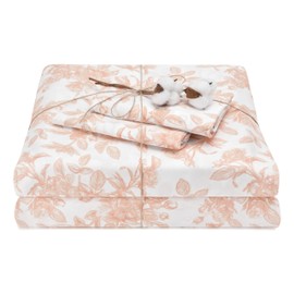 Elegant Cotton 100% Pure Organic Cotton Sheets Set Queen Size - Peach Pink Rose Floral Pattern Print Super Soft Sheet - 4 Piece Set - Fitted Sheet, Flat Sheet & 2 Pillow Covers - Queen