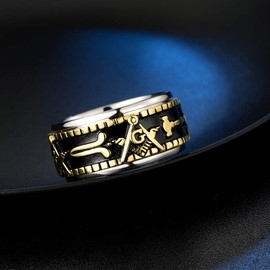 ANIEJUFI Men's Stainless Steel Masonic Freemason Spinner Ring Vintage Signet Band for Anxiety Relief Fidget Jewelry Silver Gold Size 12
