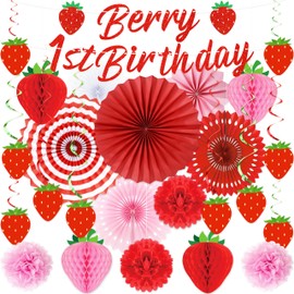 28Pcs Strawberry Birthday Party Decorations Include Berry 1st Birthday Banner Honeycomb Hanging Swirl Paper Tissue Pom Poms Fans for Party Supplies Decor
