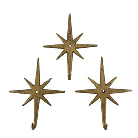 Zeckos Antique Gold Cast Iron Atomic Starburst Wall Hooks Set of 3 – Mid-Century Modern Decor for Stylish Organization and Chic Storage