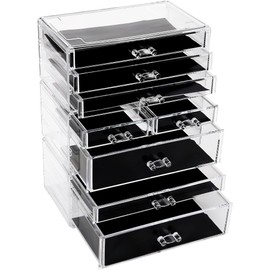 Sea Team 3-Tier Stackable Clear Makeup Organizer with Drawers, Acrylic Plastic Cosmetic Display Case, Jewelry Storage Box, Holder for Dresser, Bathroom, Vanity, Countertop (8 Drawers)