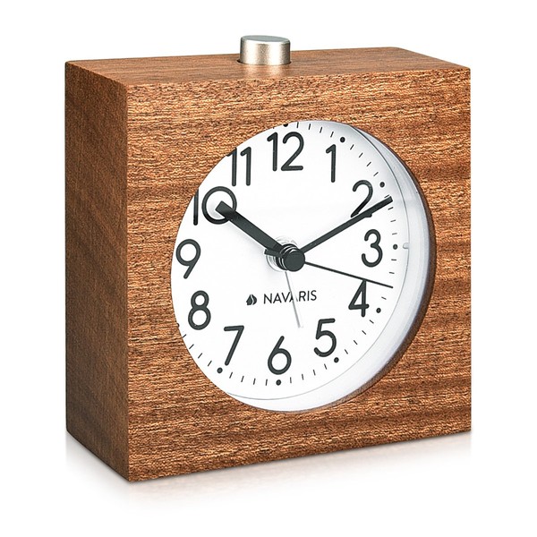 Navaris Analogue Wooden Alarm Clock with Snooze - Retro Clock with Dial Alarm Light - Quiet Vintage Wood Table Clock Without Ticking - Natural Wood in Light Brown