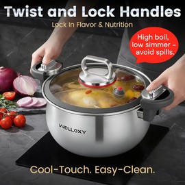 WELLOXY Stainless Steel Pot with Tight-Fitting Lid for Faster Cooking - 7.5 Qt Heavy-Duty Stock Pots for Stew Soup Pasta Gumbo with Stay-Cool Handles, Non-toxic Healthy Induction Cookware for Kitchen