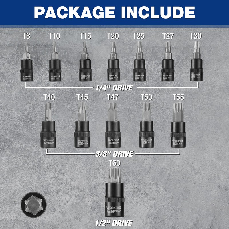 WORKPRO Torx Bit Socket Set, 1/4", 3/8" and 1/2" Drive,