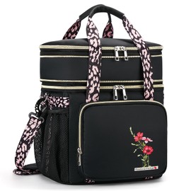 HSHRISH Large Insulated Lunch Bag for Woman, Double Layer Insulated Large Cooler Bag for Women Adults Waterproof Leakproof Durable Lunch Bag for Work Outdoor Picnic 16L, Black-Flowers