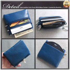 boshiho Coin Purse, Coin Case, 4 Pockets, Key Ring, Leather, Men's, Women's, Wallet, Ultra Lightweight, Large Capacity, BLUE