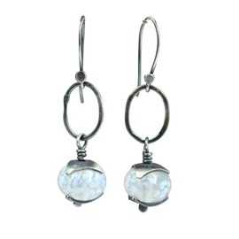 Kathy Bankston Handmade Sterling Silver Dangle Earrings with White Lampwork Glass Beads, Oval Hoop Design, Modern Rustic Style, 1.875 x 0.5 Inch