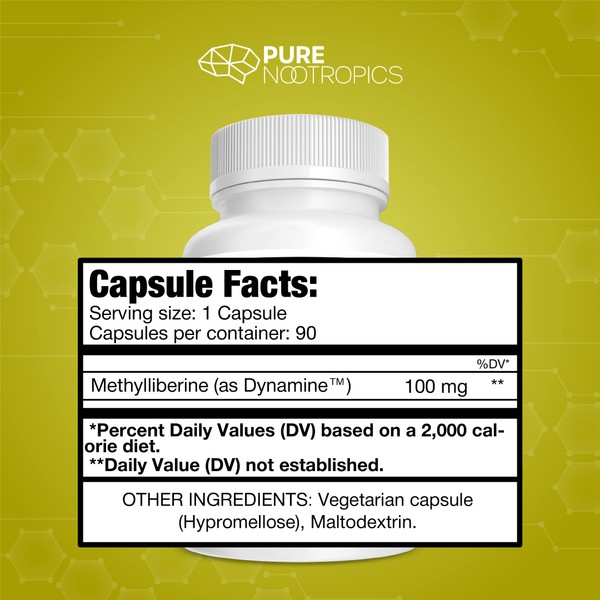 Pure Nootropics - Dynamine (Methylliberine: 1,7,9-tetramethyluric Acid) 100 mg Capsules (90) | Increased Energy, Focus & Alertness | in House & Rigorous 3rd Party Testing for Higher Purity & Potency