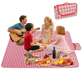Fosoloni Picnic Blanket XXL 200 x 200 cm, Picnic Blanket, Red Check, Portable Bath Blanket with Carry Handle, Waterproof Sandproof for Garden, Picnic, Beach, Camping, Beach Blanket for 6-8 People