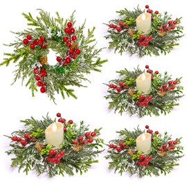 4 Pcs Christmas Candle Rings Wreath, 9 Inch Flocked Christmas Wreaths with Red Berry Pinecones Cypress Cedar Wreath Candle Ring Holder for Xmas Wedding Table Centerpiece Fireplace Window Wall Decor