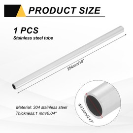 MECCANIXITY 1 PCS 304 Stainless Steel Tubing, 11mm OD 1mm Wall Thickness 254mm Long Round Metal Pipe Steel Tube for Industrial Machinery Home Decoration DIY Crafts Model
