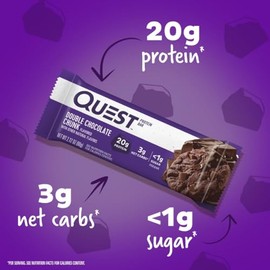 Quest Nutrition Double Chocolate Chunk Protein Bars, 20g Protein Bars, 1g Sugar, 4g Net Carb, Gluten Free, Keto Friendly, 12 Count