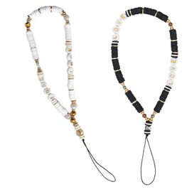 PFLYPF 2 Pieces Phone Strap Beads Anti-Lost Chain Bohemian Style Beads Phone Decoration White (Black White) Resin, black