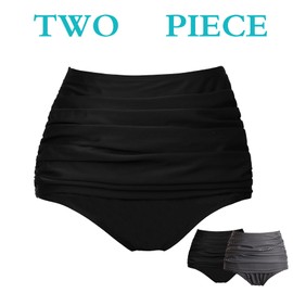 COCOPEAR - Traje de baño fruncido para mujer, cintura alta, parte inferior de bikini de cobertura completa, parte inferior de bikini con control de abdomen, 1black+black white Plaid, Large