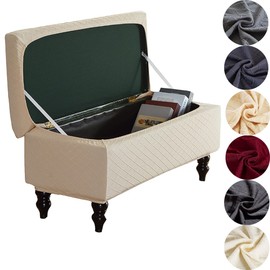 ANWUCHEN Rectangle Ottoman Cover - Stretch Slipcover with Storage, Elastic Bands Ties, Beige Medium