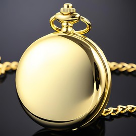 Alwesam Gold Smooth Quartz Pocket Watches Round Arabic Numbers with 37cm Chain Best Gifts for Men Women