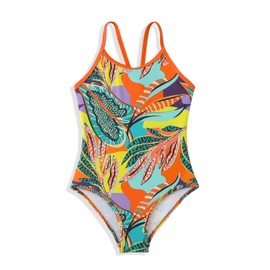HPSOM Girls One Piece Swimsuit Kids Girl Halter Quick Dry Swimwear Beach Summer Floral Bathing Suit 4-12 Years Orange