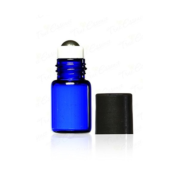True Essence 2 ml, (5/8 Dram) Cobalt Blue Glass Micro Mini Roll-on Glass Bottles with Metal Roller Balls - Refillable Aromatherapy Essential Oil Roll On (12)