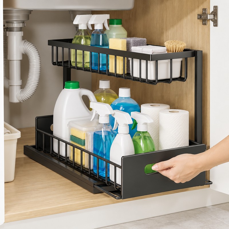 2-Tier Under Sink Organizer for Cabinet Storage – Sliding Metal