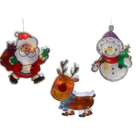 Christmas LED Window Light Decorations Fastened with Suction Cup or Hook, Battery Operated with on/Off Switch (Holiday Theme 3 Piece Set, Reindeer, Santa, Snowman