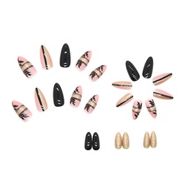 Black Press on Nails Pointed Medium Length, Artificial Acrylic Fake Nails with Leaf Designs, Natural Glossy Full Cover Reusable False Nails with Sticky Tabs, Stick on Nails with Charm for Women
