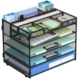 Docnest Organizador de escritorio de malla de 5 niveles, bandeja de cartas con compartimentos ajustables, almacenamiento de escritorio de malla con so