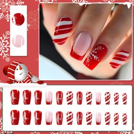 Ceboic Pack of 24 Christmas Press On Nails Short, Square French Artificial Nails, Red Stripes, Snowflake Acrylic Fingernails for Sticking, Festival Artificial Nails, Fake Nails for Women and Girls