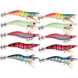 Squid Jigs Shrimp Fishing Lures Kits Squid jig Hooks Wood Shrimp Artificial Spinner Lures Kit with Luminous Prawn Tail Glow in Dark for Cuttlefish Octopus Squid Fishing (2.5#-10PCS)