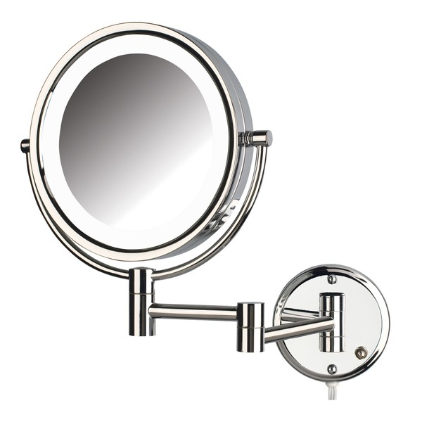 JERDON Two-Sided Wall-Mounted Makeup Mirror with Lights - Lighted Makeup Mirror with 8X Magnification & Wall-Mount Arm - 8.5-inch Diameter Mirror with Chrome Finish Wall Mount - Model HL88CL