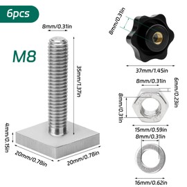 BEASAFY 6 pieces T-slot adaptor, M8 x 35 mm, slot stones, roof rack with T slot nuts and star grip nuts, washers, nuts, for roof racks, roof box