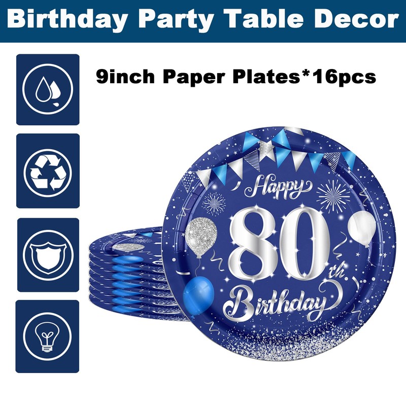 16Pcs Navy Blue 80th Birthday Paper Plates 9inch for Party