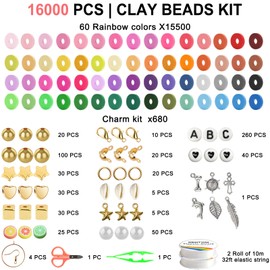 Redtwo 16000 Pcs Clay Beads for Bracelet Making Kit for Girls, 60 Colors Flat Polymer Heishi Beads for Preppy Friendship Jewelry Making Kit, Craft for Girls Ages 8-12 (3 Boxes)