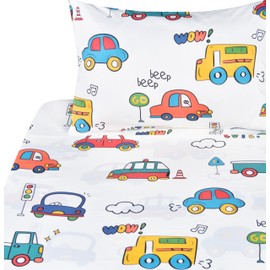 J-pinno Cars Buses Trucks Transport Vehicle Cute Twin 100% Cotton 3 Pieces Sheet Set for Kids Girls Children, Flat Sheet + Fitted Sheet + Pillowcase Bedding Decoration Gift Set