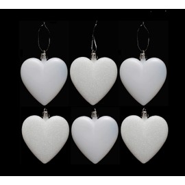 6pc Large Glitter & Matte Heart Baubles - Great Christmas Tree Decorations, Heart Baubles (White)