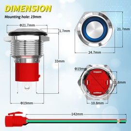 Joinfworld 20 Amp Momentary Push Button Switch 12V Marine Waterproof Switch 4 pin 19mm SPST Blue Led Illuminated 12 Volt Button Switch with Wire Socket for Marine Boat RV Truck